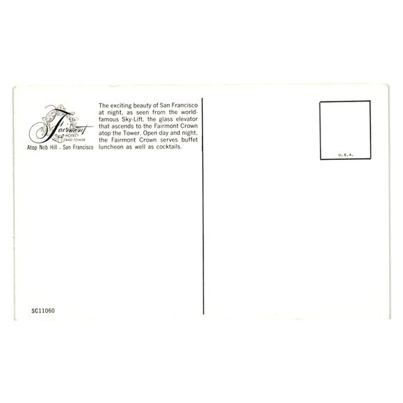 Fairmont Hotel San Francisco Vintage Postcard Scenic Night View With Sky Lift - Picture 2 of 2